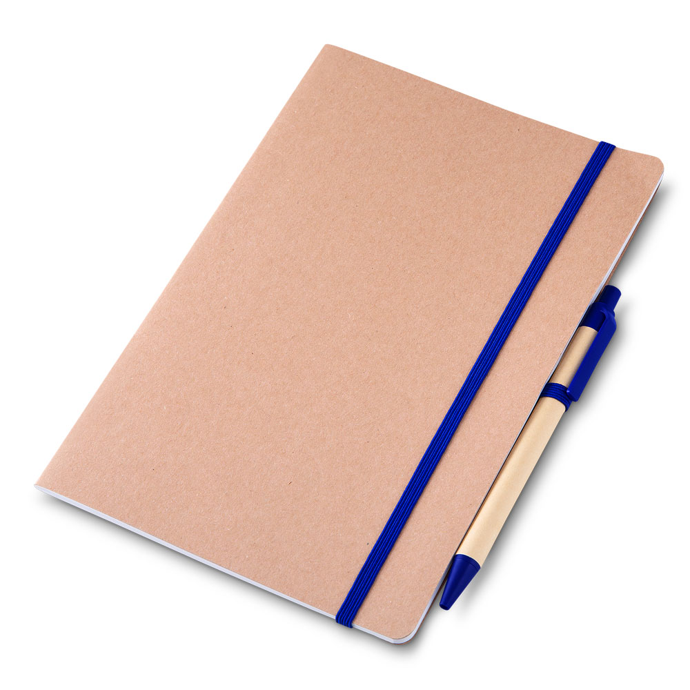 Caderno A5 capa em papel Kraft com caneta - Azul personalizado