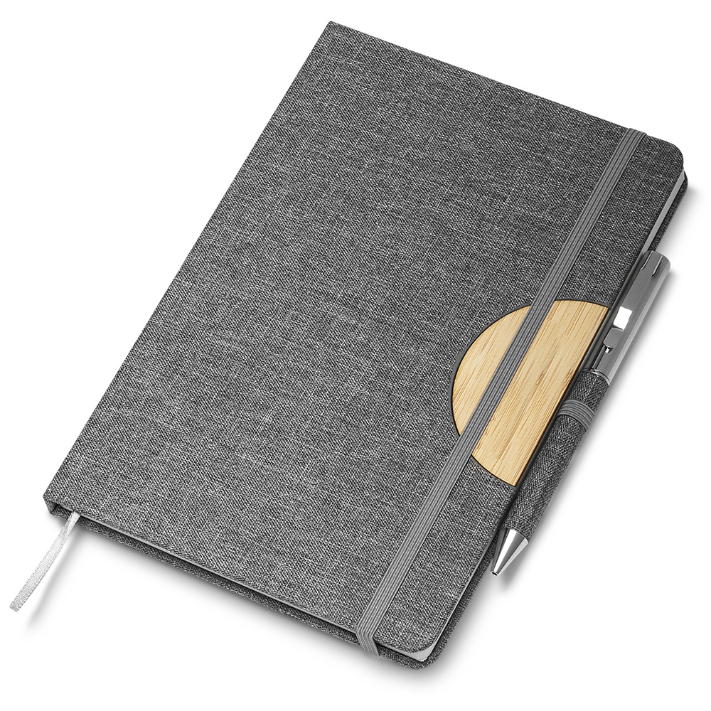 Caderno A5 Capa em RPET e detalhe em Bambu - Cinza personalizado