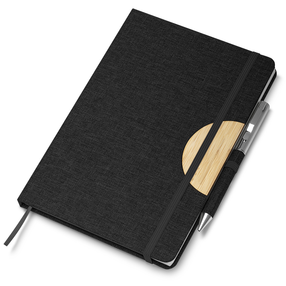 Caderno A5 Capa em RPET e detalhe em Bambu - Preto personalizado