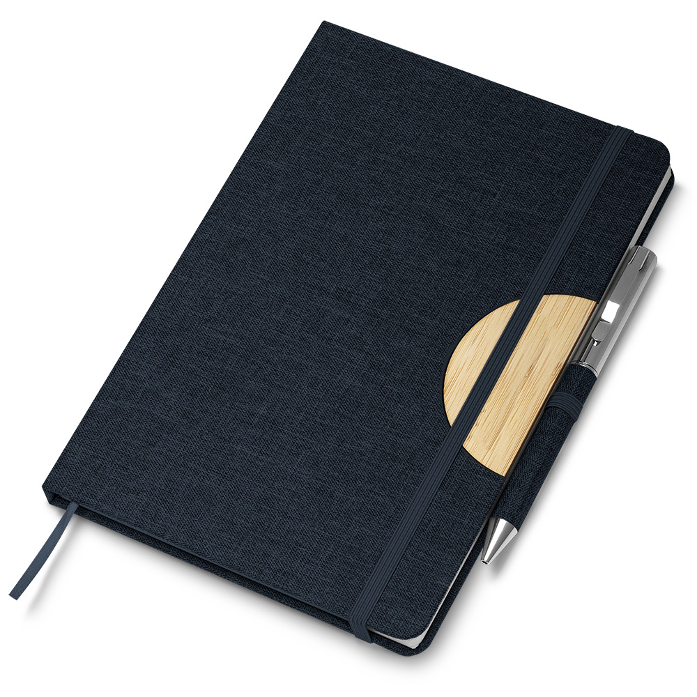 Caderno A5 Capa em RPET e detalhe em Bambu - Azul personalizado