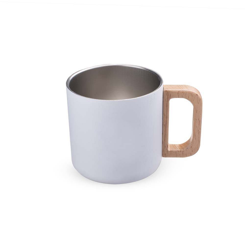 Caneca térmica com alça em madeira - Branco, 400ml personalizado
