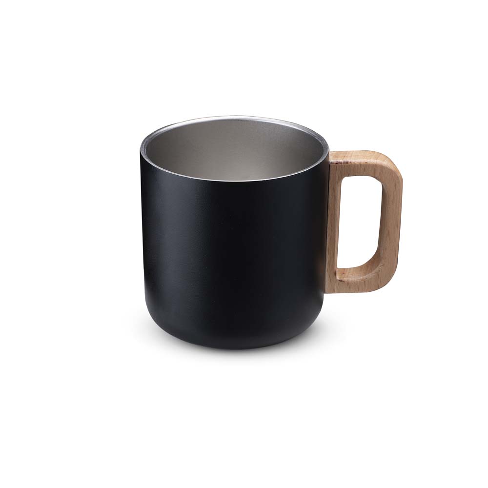Caneca térmica com alça em madeira - Preto, 400ml personalizado