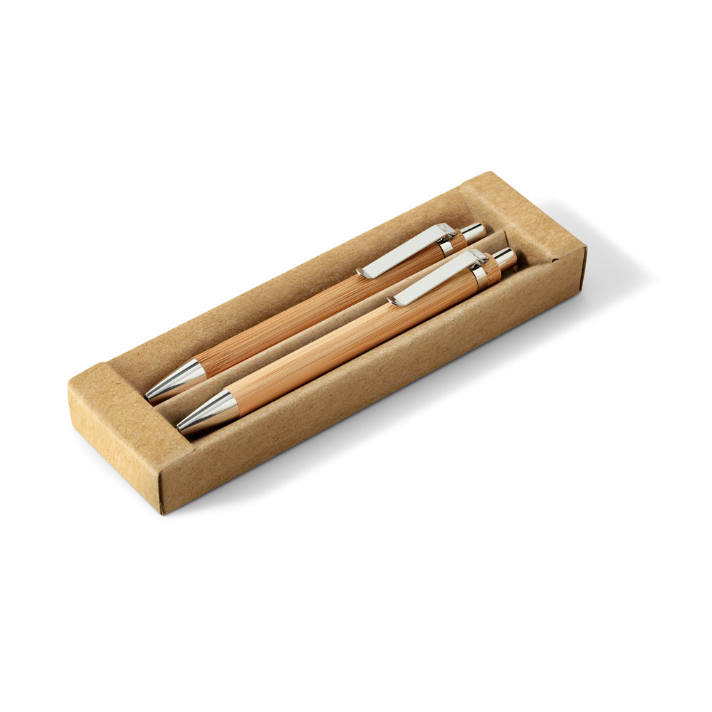 MELLO. Conjunto de caneta esferográfica com escrita em azul e lapiseira, ambas em bambu personalizado