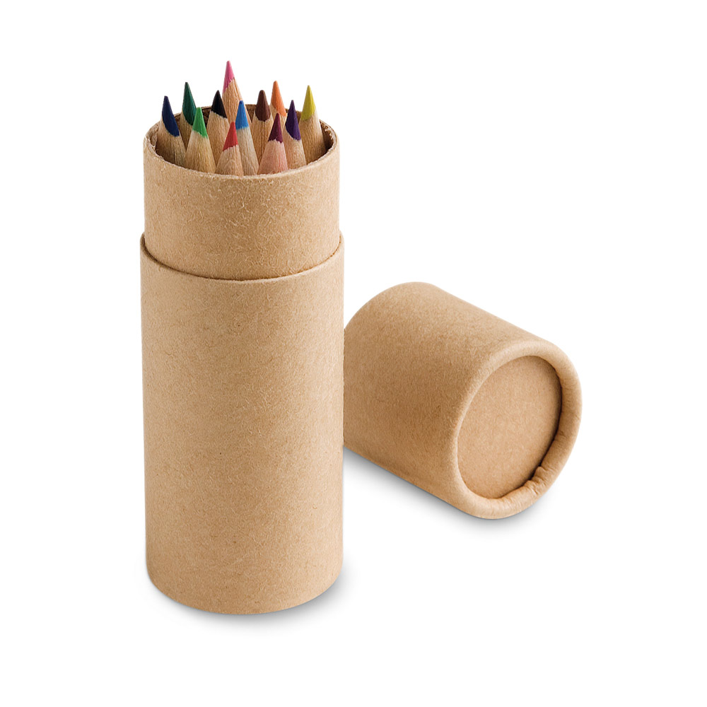 CRICKET. Caixa cilíndrica em papel kraft reciclado com 12 lápis de cor personalizado