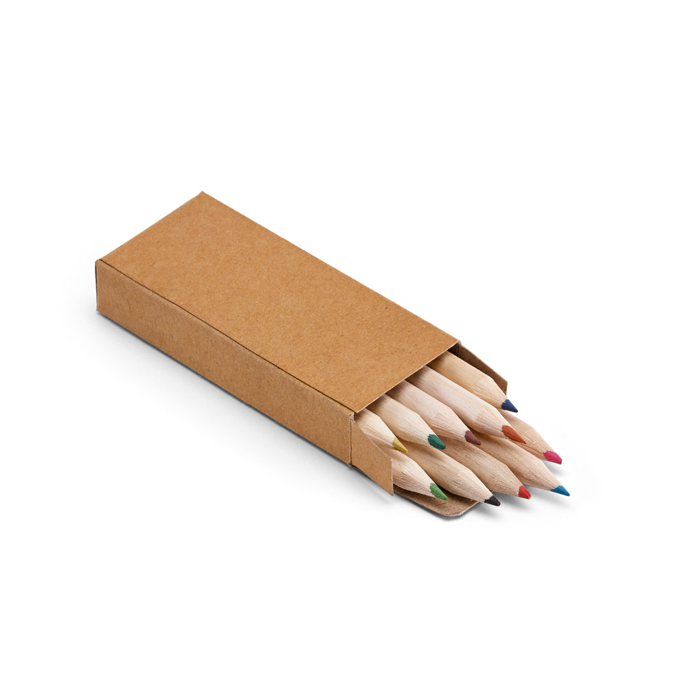 CRAFTI. Caixa de papel kraft reciclado com 10 mini lápis de cor personalizado