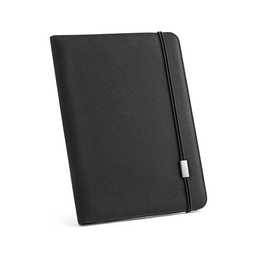 STIGGER. Pasta A4 em poliéster 100% reciclado 300D com caderno de páginas pautadas personalizado