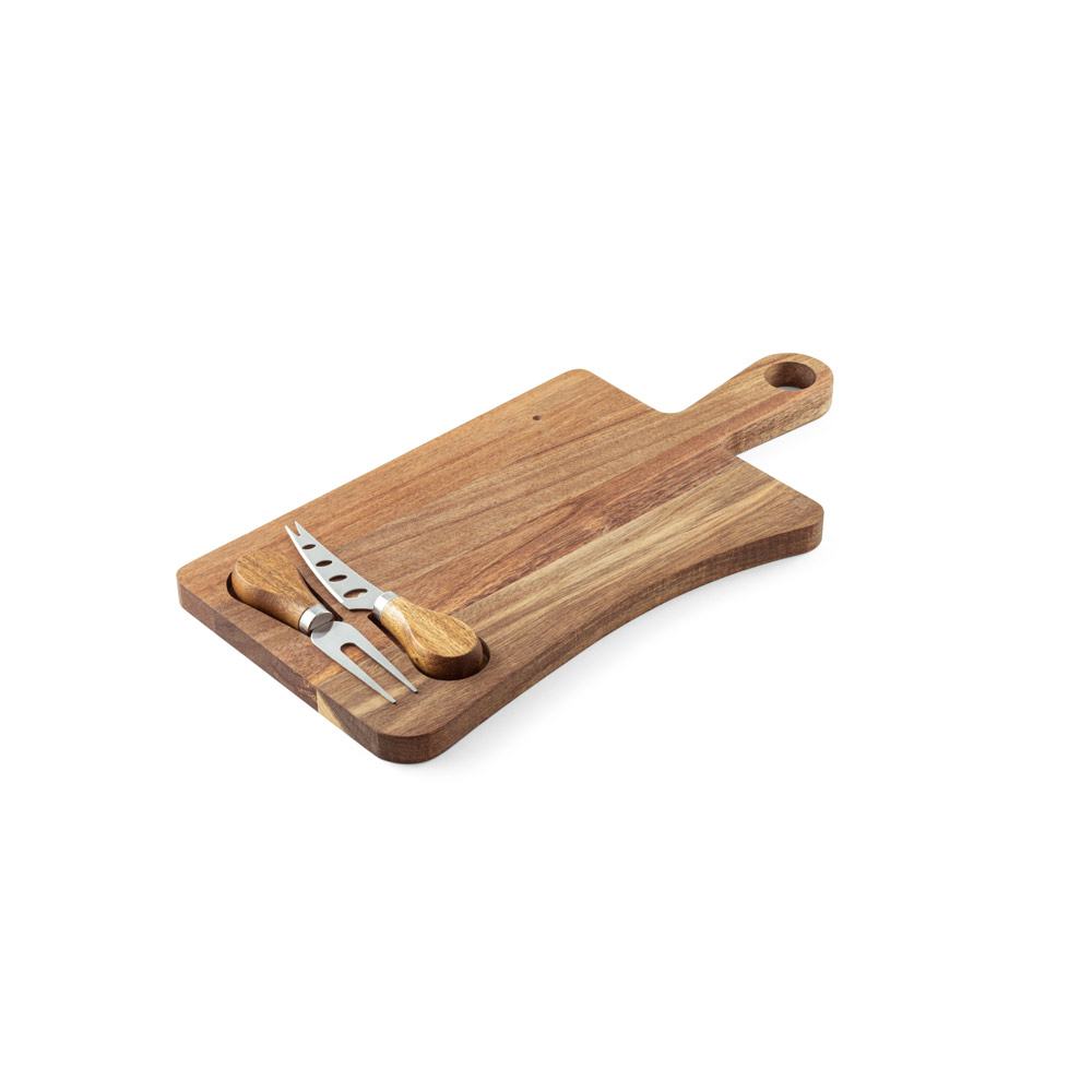 HAVEN. Tábua de queijos em madeira de acácia com 2 utensílios em madeira de acácia e aço inox personalizado