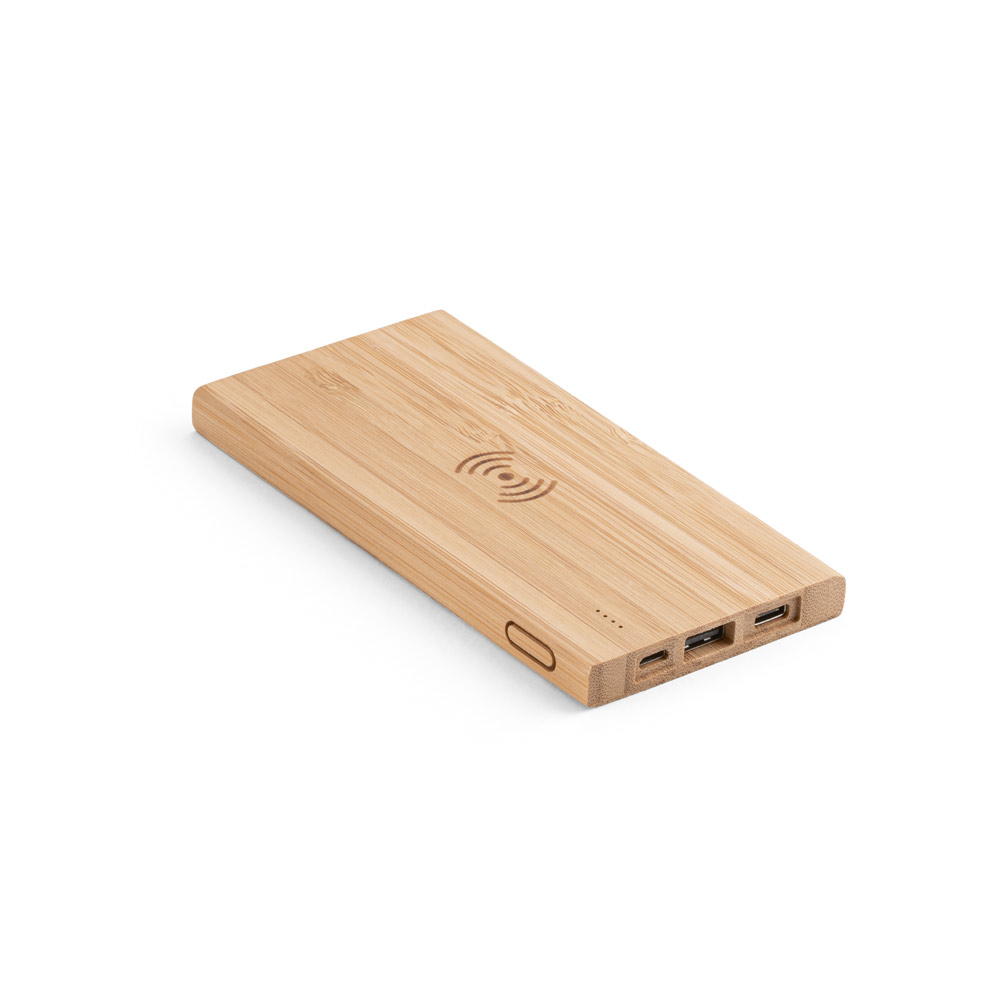FITCH ECO. Bateria portátil com carregador por indução (wireless) super-rápido em bambu (5'000 mAh) personalizado