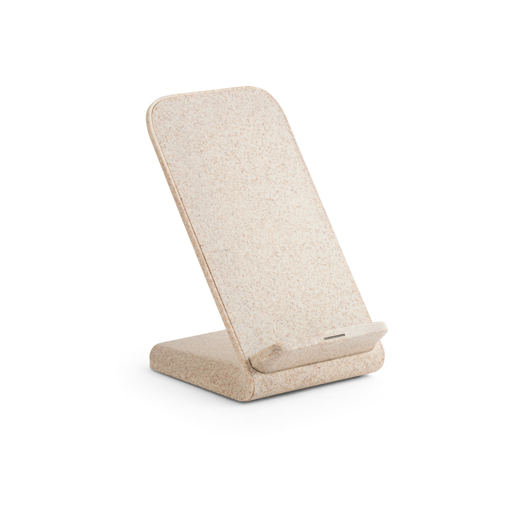 MAXWELL. Suporte para celular com carregador por indução super-rápido (15W), em fibra de palha de trigo e ABS personalizado