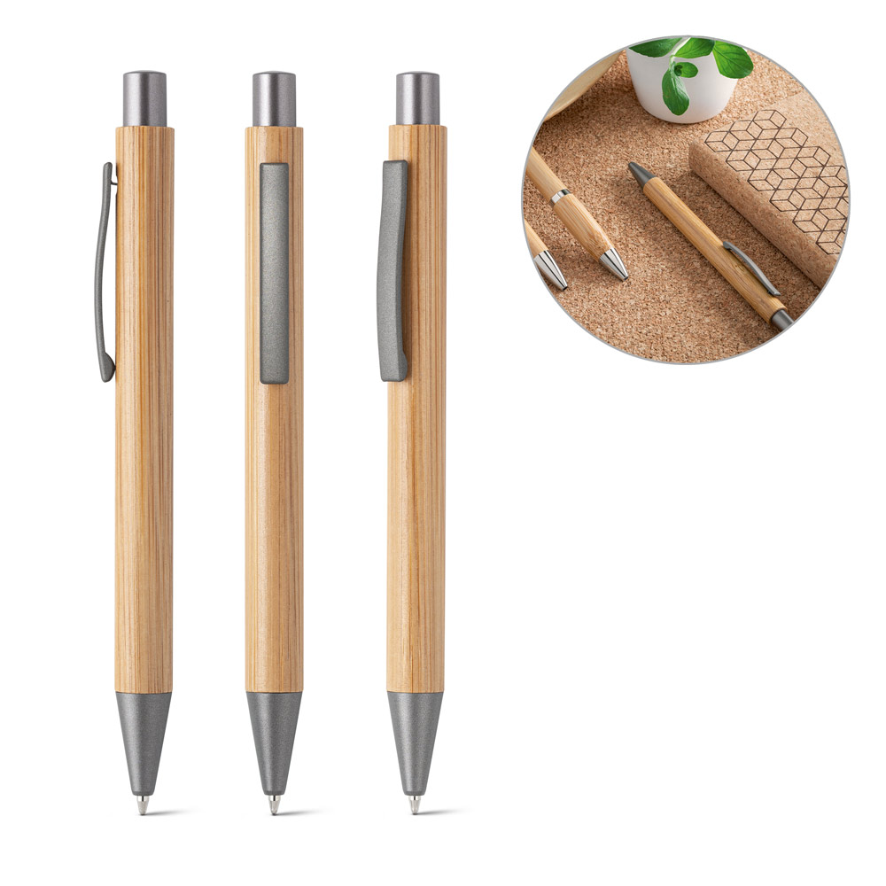ELLIOT. Caneta esferográfica em bambu com escrita em azul personalizado