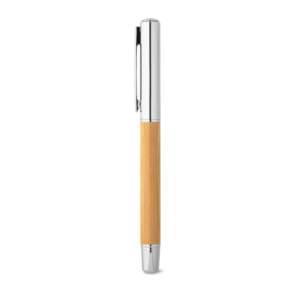 ELYSIA. Caneta roller em aço inox 90% reciclado e bambu com escrita em azul personalizado