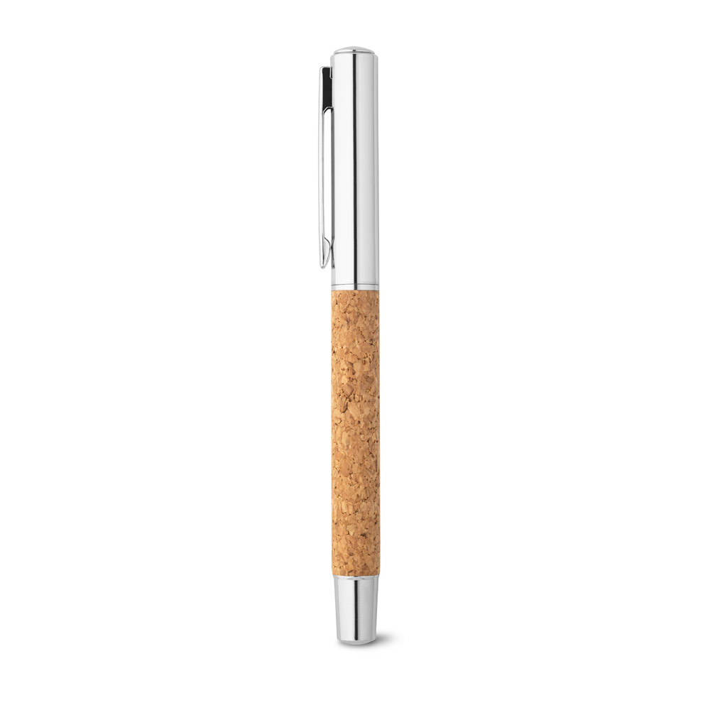 ANDREW. Caneta roller em aço inox 90% reciclado e cortiça com escrita em azul personalizado