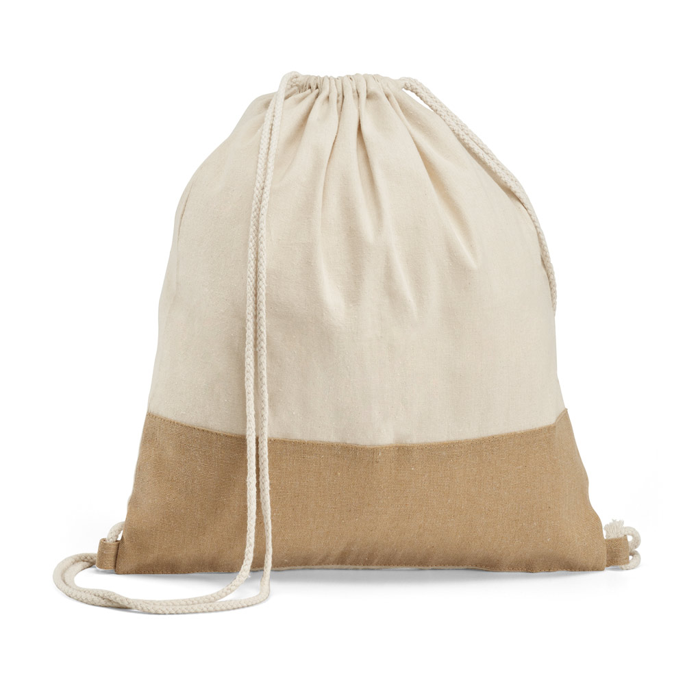 SABLON. Sacola tipo mochila 100% algodão (160 g/m²) com detalhe em imitação de juta personalizado
