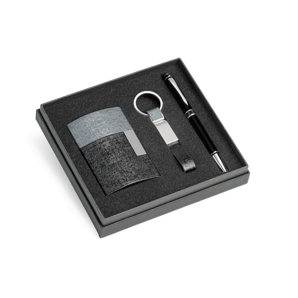 BRENDON. Kit de porta cartões, chaveiro e caneta esferográfica em c.sintético, metal e alumínio personalizado