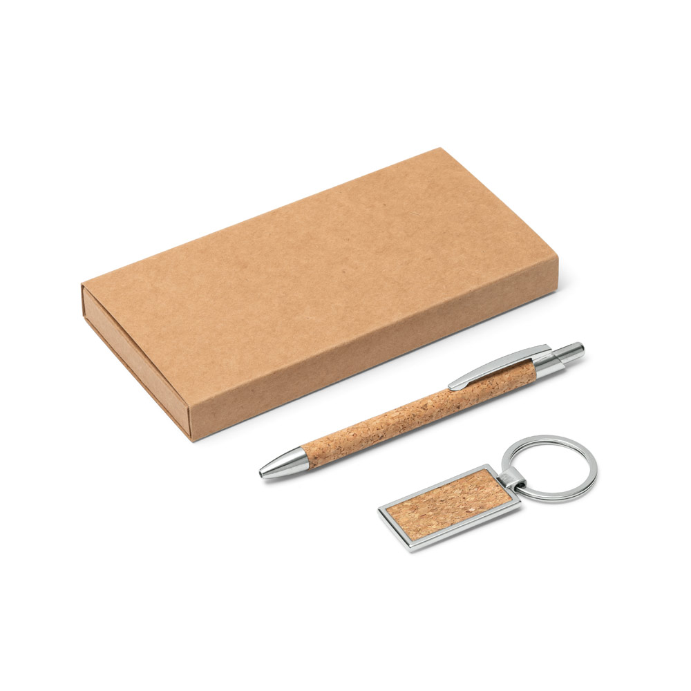 LAVRE. Conjunto composto por uma caneta esferográfica e chaveiro, ambos em metal e em cortiça personalizado