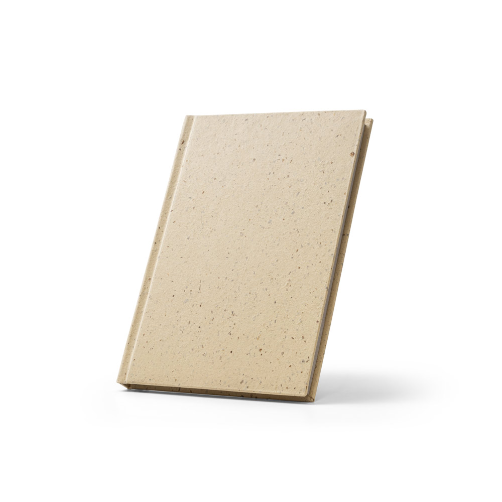 BARLEYPAD. Caderno A5 com resíduos da cevada (25%) e trapos de algodão reciclado (75%), com páginas pautadas recicladas personalizado