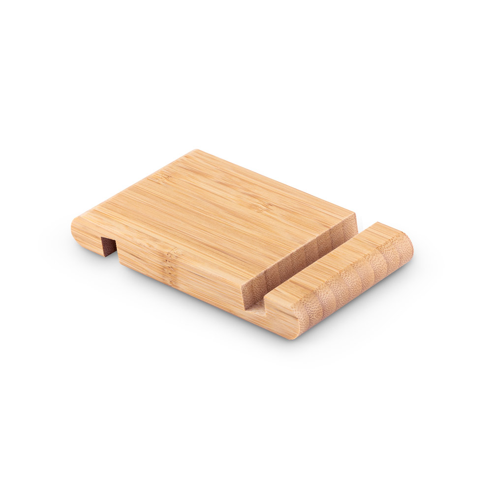 HABER. Suporte para celular com duas canaletas de tamanhos diferentes, em bambu personalizado