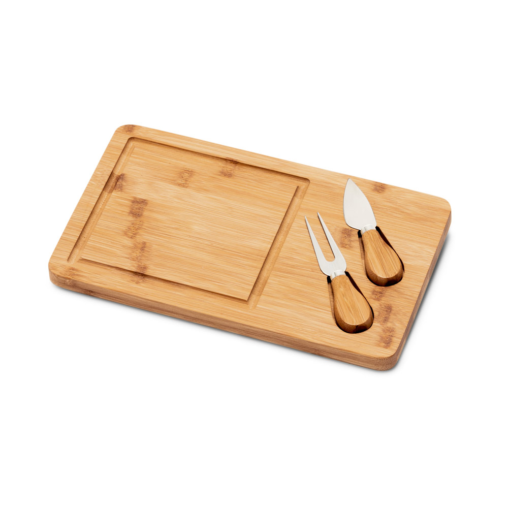 WOODS. Tábua de queijos em bambu com 2 utensílios em bambu e aço inox personalizado