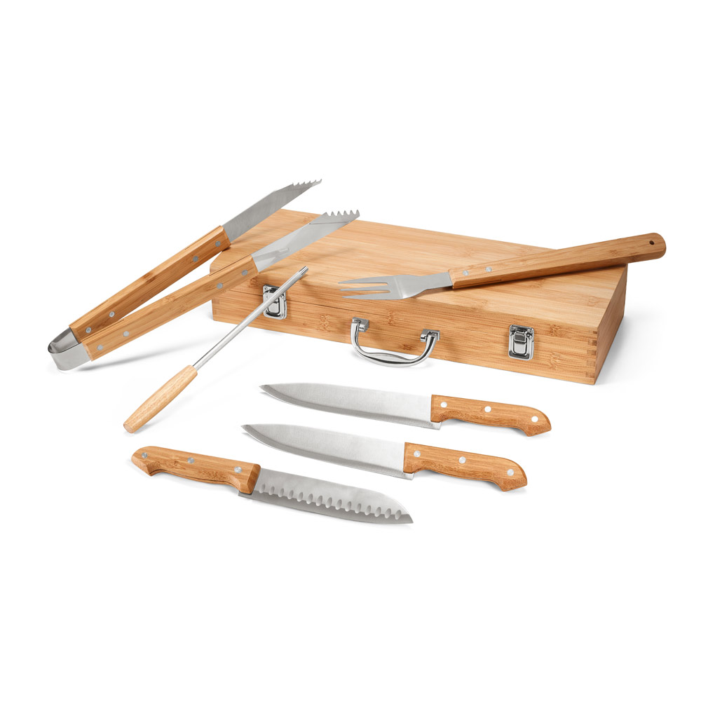 BOTTURA. Kit churrasco em estojo de bambu com 6 peças em aço inox e bambu personalizado