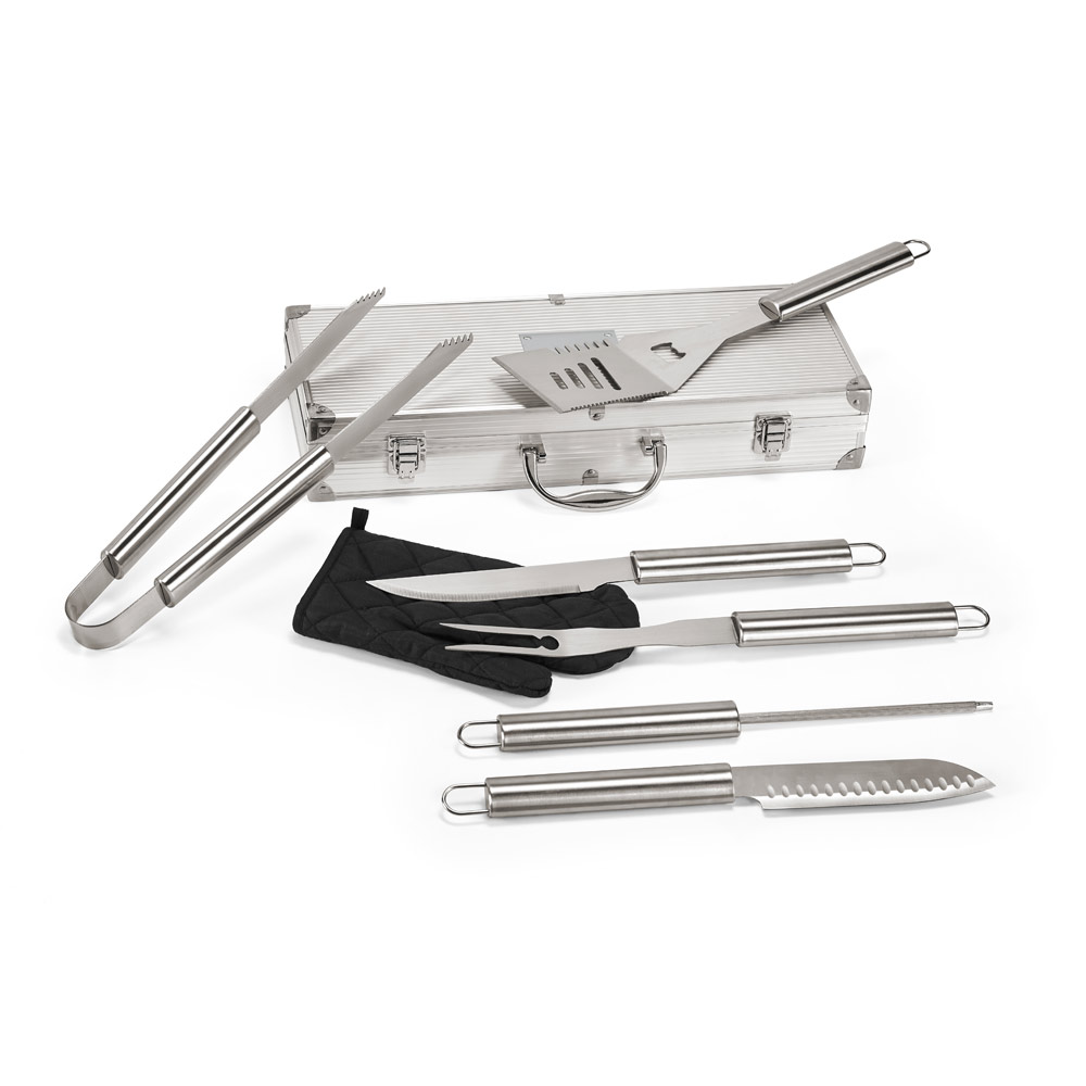 MACE. Kit churrasco em estojo de alumínio com luva de cozinha em poliéster e 6 utensílios em aço inox personalizado