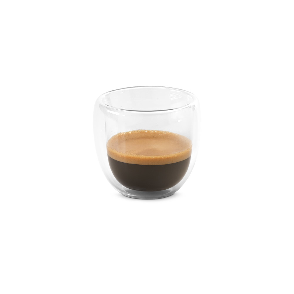 EXPRESSO. Conjunto de café em vidro borossilicato, com 2 copos de parede dupla isolada a ar (75 mL) personalizado