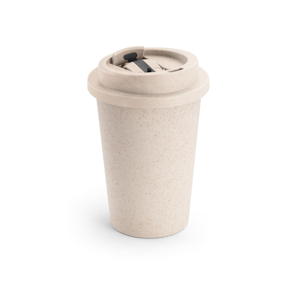 TOFFA. Copo de viagem em fibra de bambu (60%) e PP (40%) com tampa flip top (380 mL) personalizado