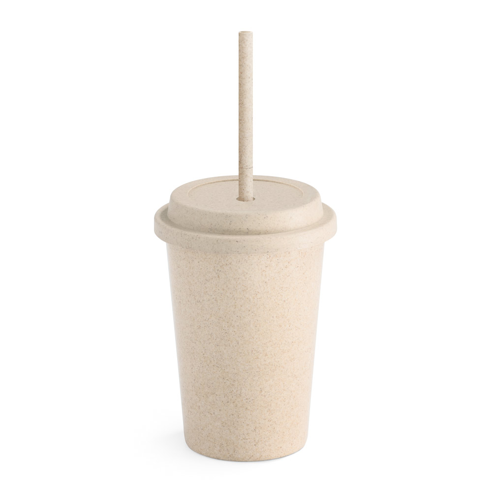 VALLEY. Copo de viagem em fibra de bambu (60%) e PP (40%) com tampa e canudo (450 mL) personalizado