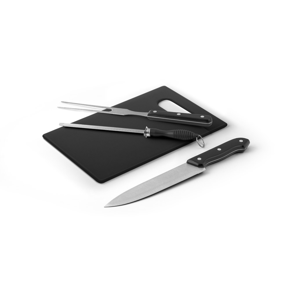 RAVIOLI. Kit churrasco em estojo em 210D com peças em aço inox e PP personalizado