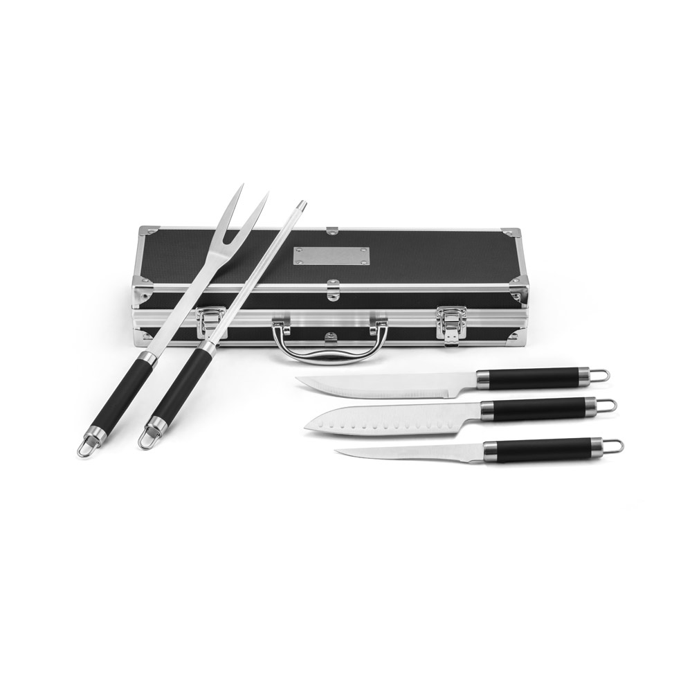 VALASTRO. Kit churrasco em estojo de alumínio com 5 utensílios em aço inox e alumínio personalizado