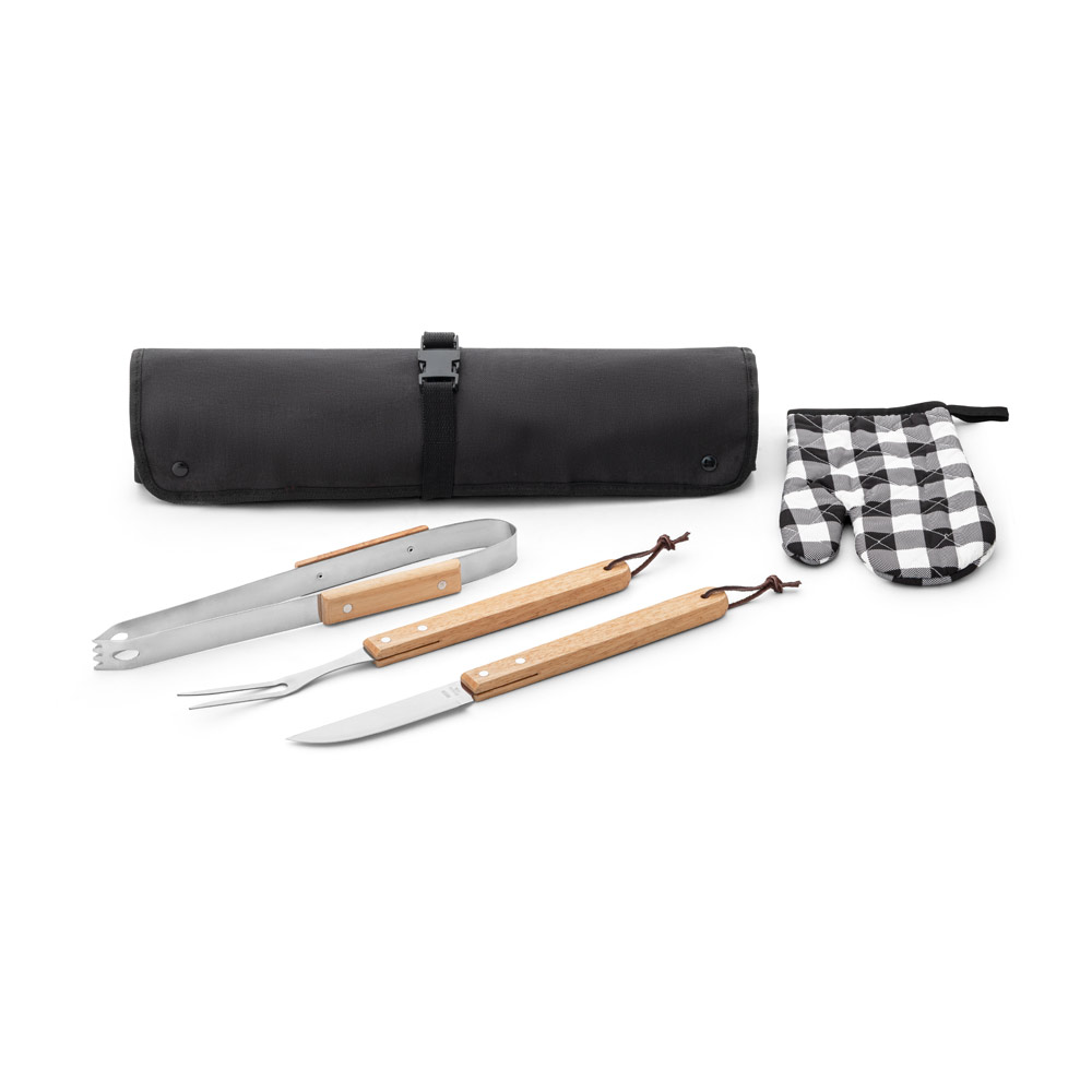 CHAMP. Kit churrasco com 3 utensílios em aço inox e madeira de Seringueira e luva personalizado