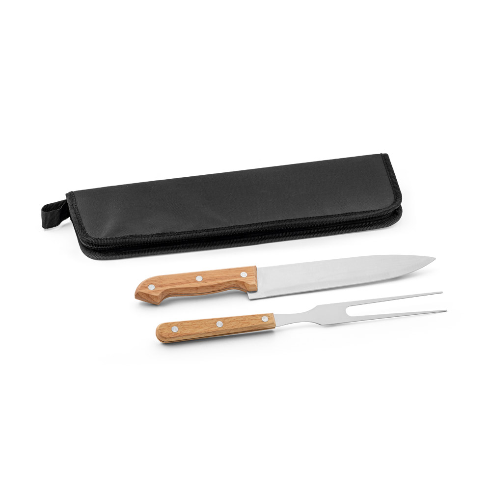 CUBAT. Kit churrasco em estojo de 210D com 2 utensílios em aço inox e madeira Seringueira personalizado