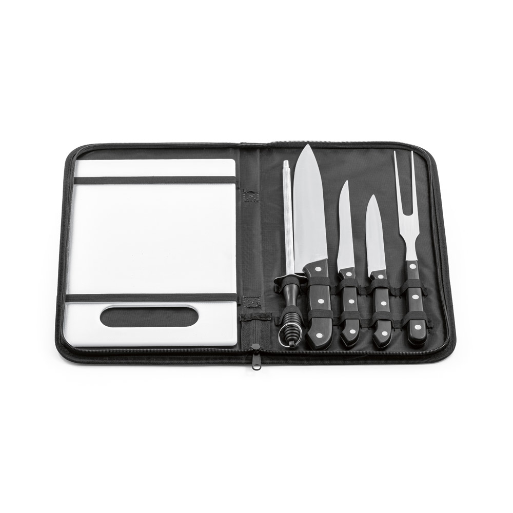 BOTALY. Kit churrasco em estojo de nylon 210D com tábua em PP e 5 utensílios em aço inox e PP personalizado