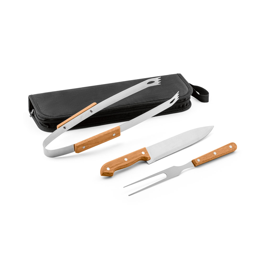 GARLIC. Kit churrasco em estojo de 210D com 3 utensílios em aço inox e madeira de Seringueira personalizado