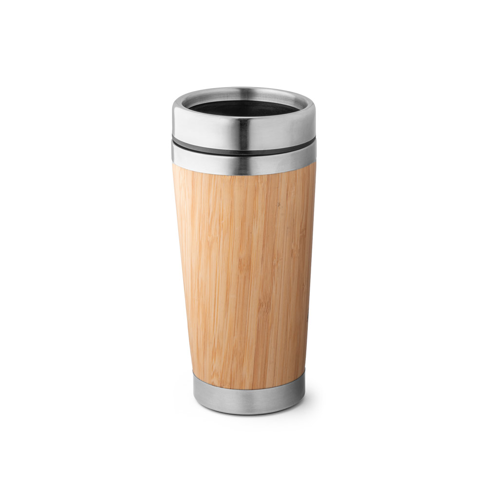 PIETRO. Copo de viagem térmico em aço inox e bambu, de parede dupla isolada a ar (500 mL) personalizado