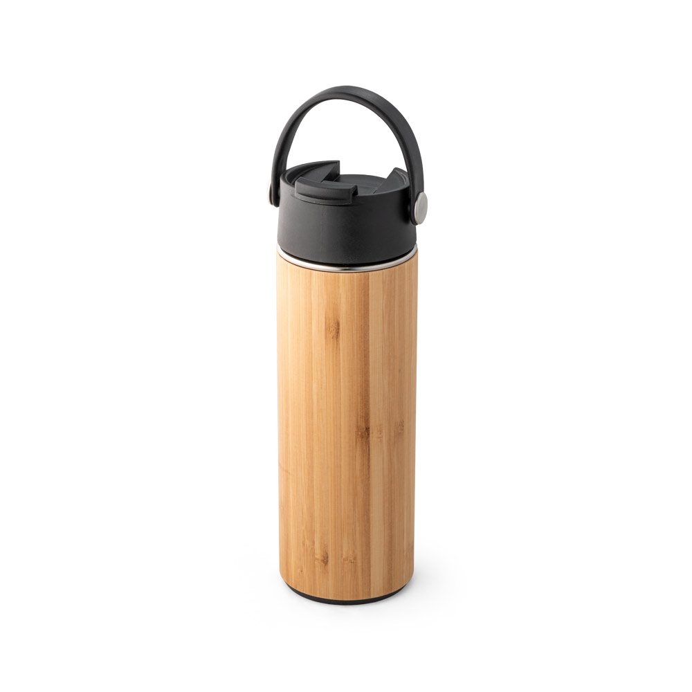 LAVER. Garrafa térmica em aço inox e bambu, de parede dupla isolada a vácuo (440 mL) personalizado