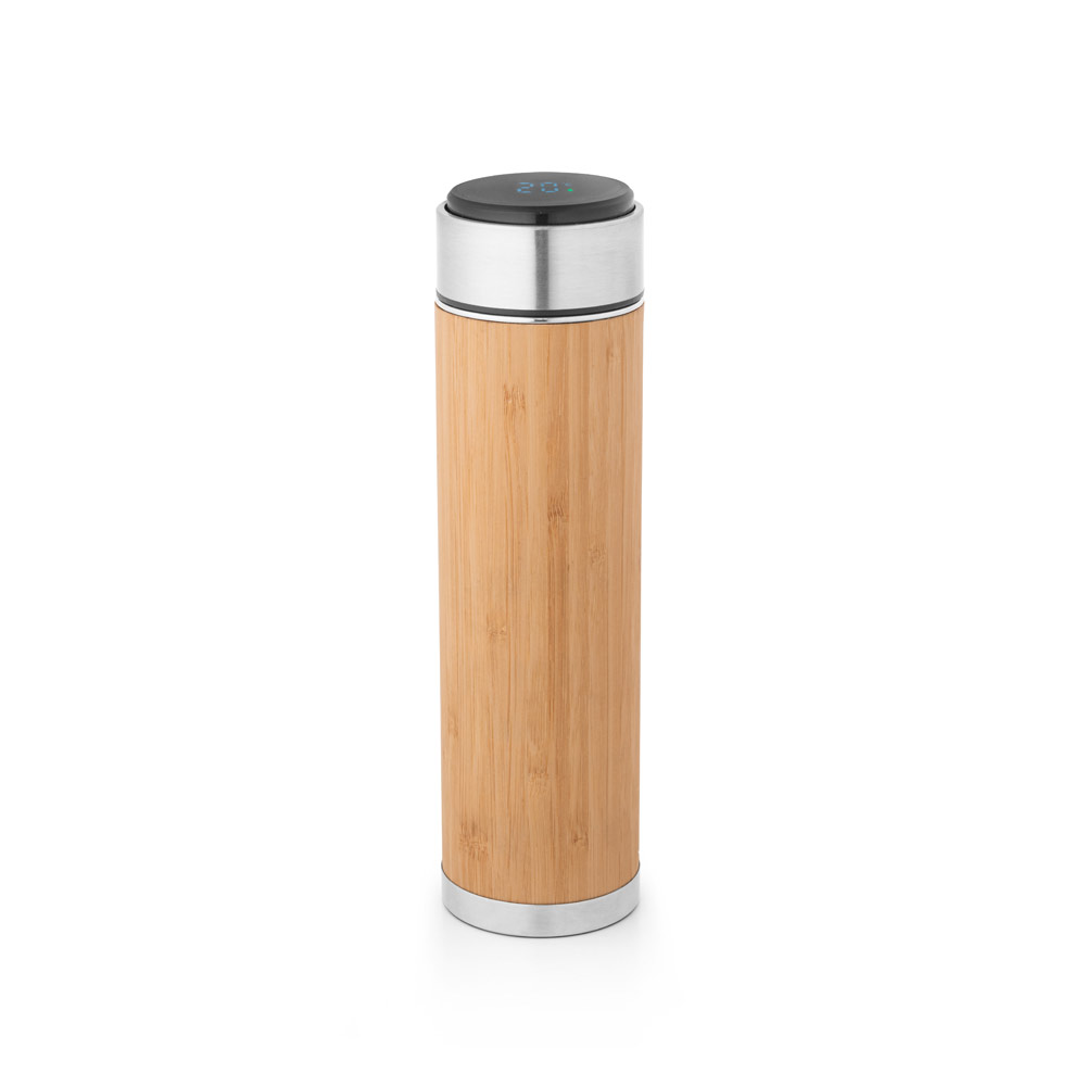 JOSHUA. Garrafa térmica em aço inox e bambu, de parede dupla isolada a vácuo, com termómetro digital (430 mL) personalizado