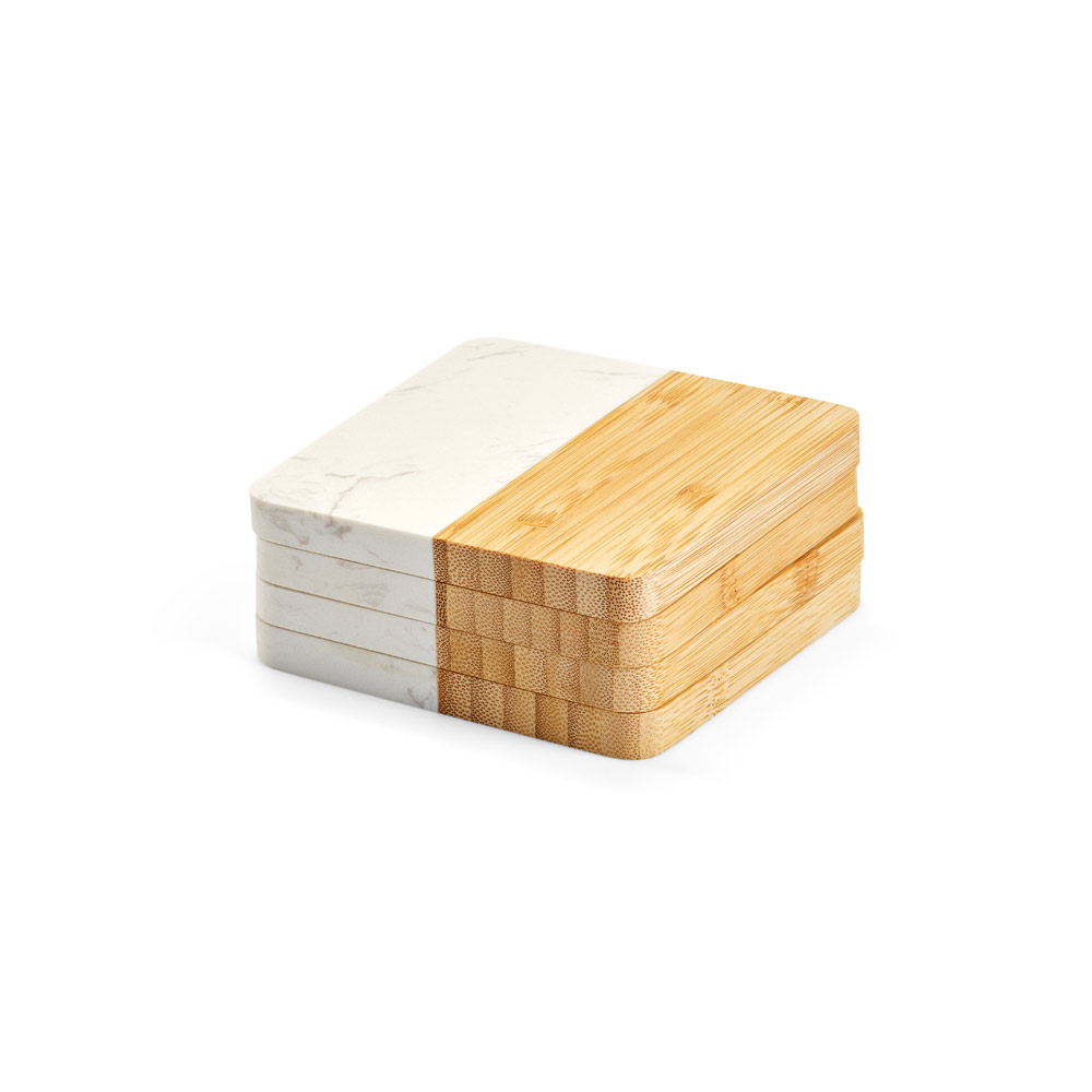 MARBOO CUP. Conjunto de 4 porta copos em mármore e bambu em formato quadrado personalizado