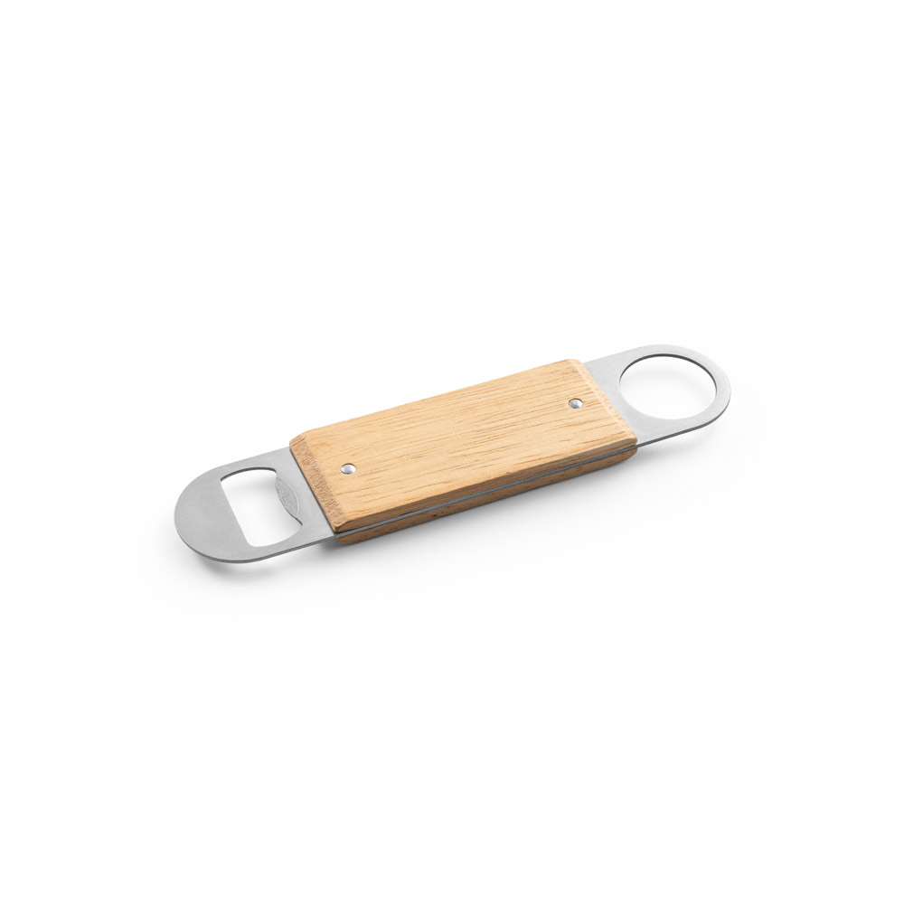 BAGGINS. Abridor de garrafas duplo em aço inox com corpo em madeira de faia personalizado
