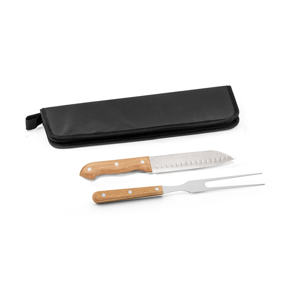 LOVAGE. Kit churrasco com estojo em 210D com 2 utensílios em aço inox e cabos em madeira personalizado