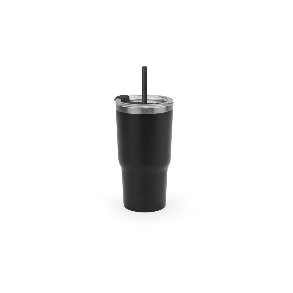 JOYNER M. Copo de viagem térmico e compacto, em aço inox 91% reciclado de parede dupla isolada a vácuo, com acabamento mate (600 mL) personalizado