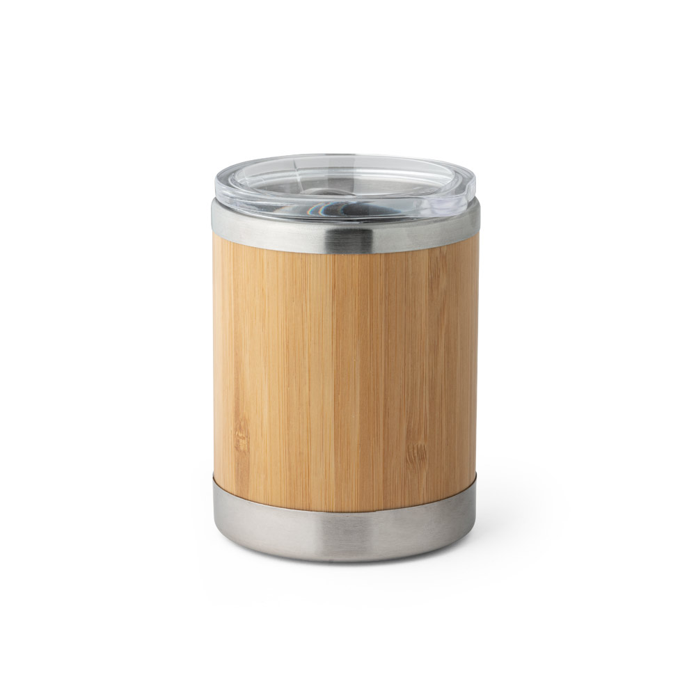 LYCKA. Copo de viagem térmico em aço inox e bambu, de parede dupla isolada a ar e fecho deslizante (350 mL) personalizado