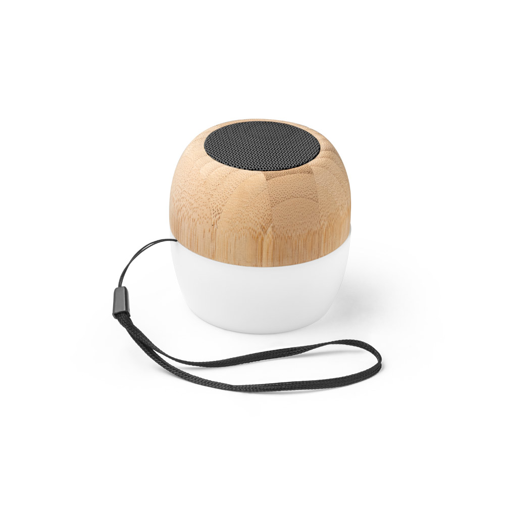 KALAM. Caixa de som portátil com microfone e autonomia de 2h (300 mAh), em bambu e PP personalizado