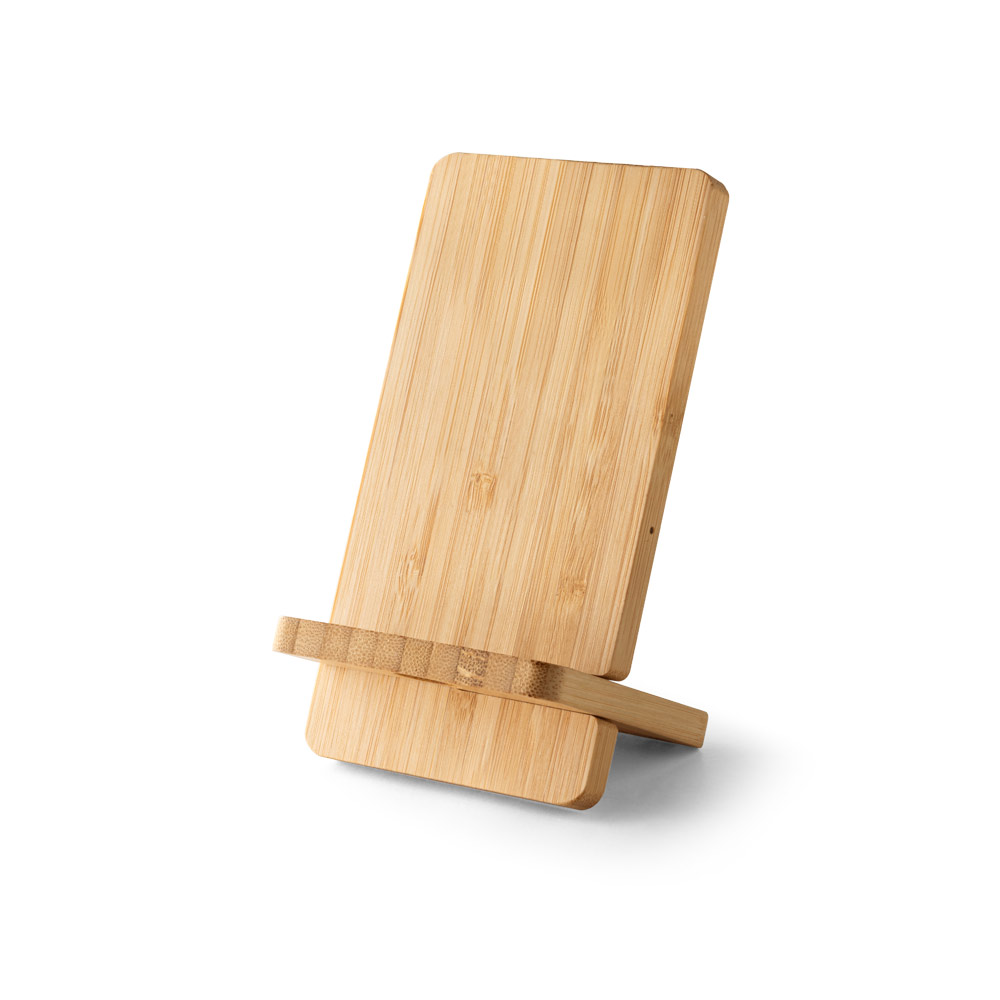 LANGE. Carregador por indução super-rápido e suporte em bambu para smartphone (15 W) personalizado