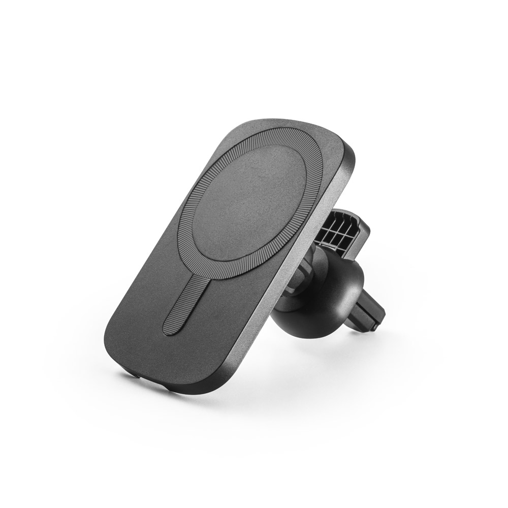 KOCH. Carregador magnético por indução super-rápido (wireless) com a funcionalidade de suporte para carro, em ABS 60% reciclado e silicone personalizado