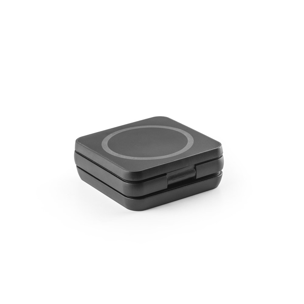 BROGLIE. Carregador magnético por indução super-rápido (wireless), dobrável, que permite carregar três dispositivos simultaneamente, em ABS 100% reciclado personalizado
