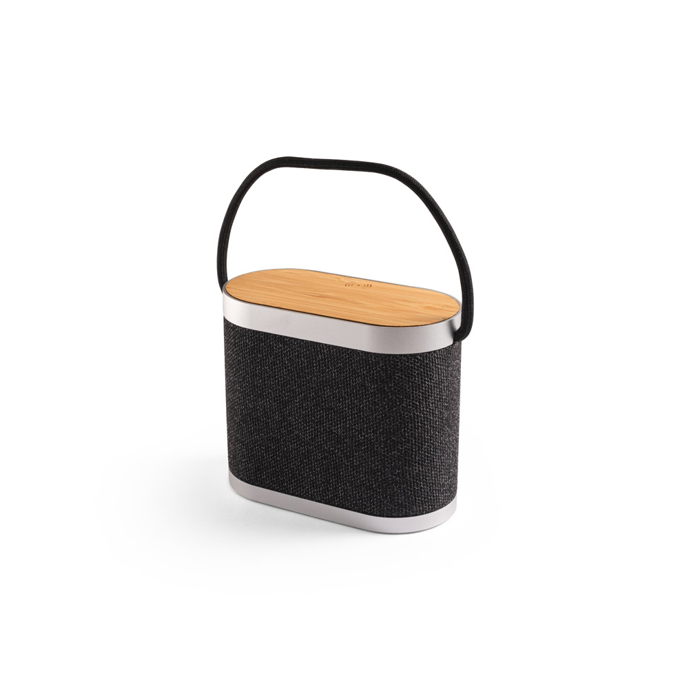 GUETTA. Caixa de som de 5W com carregador por indução super-rápido e autonomia de 2h (1'200 mAh), em bambu e PET 100% reciclado personalizado
