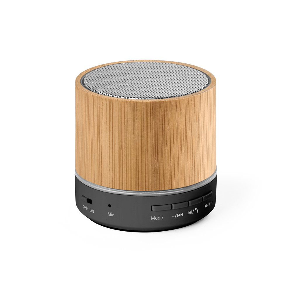 RE-GLASHOW. Caixa de som portátil com microfone e autonomia de 4h30 (400 mAH), em bambu e ABS 100% reciclado personalizado