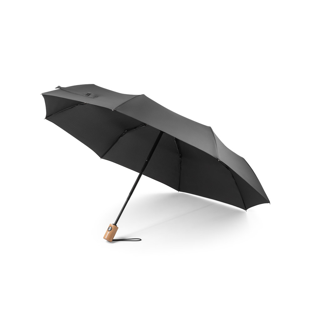 RIVER. Guarda-chuva, dobrável, em poliéster 100% reciclado pongee 190T com abertura e fecho automático personalizado
