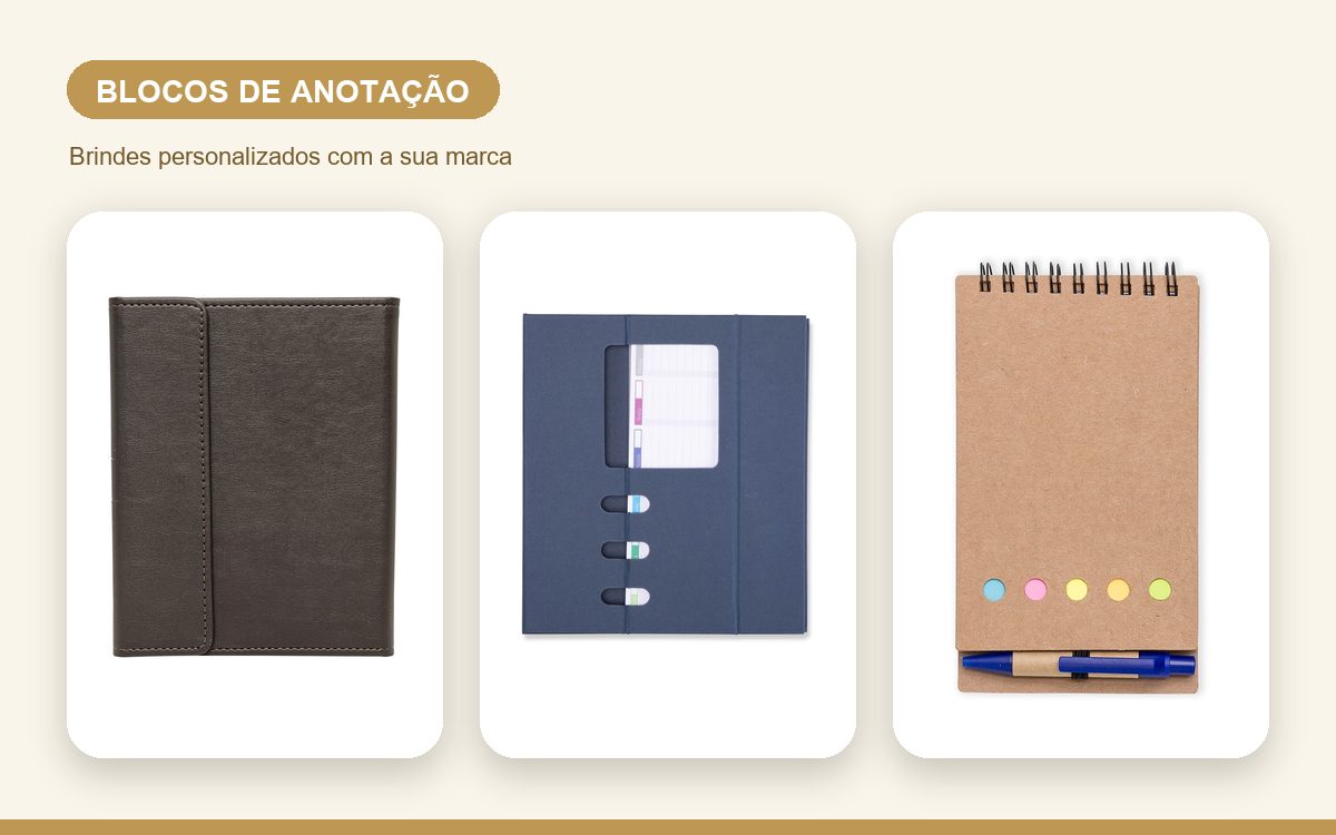 Brindes personalizados com a sua marca — Blocos de anotação personalizados para eventos e feiras