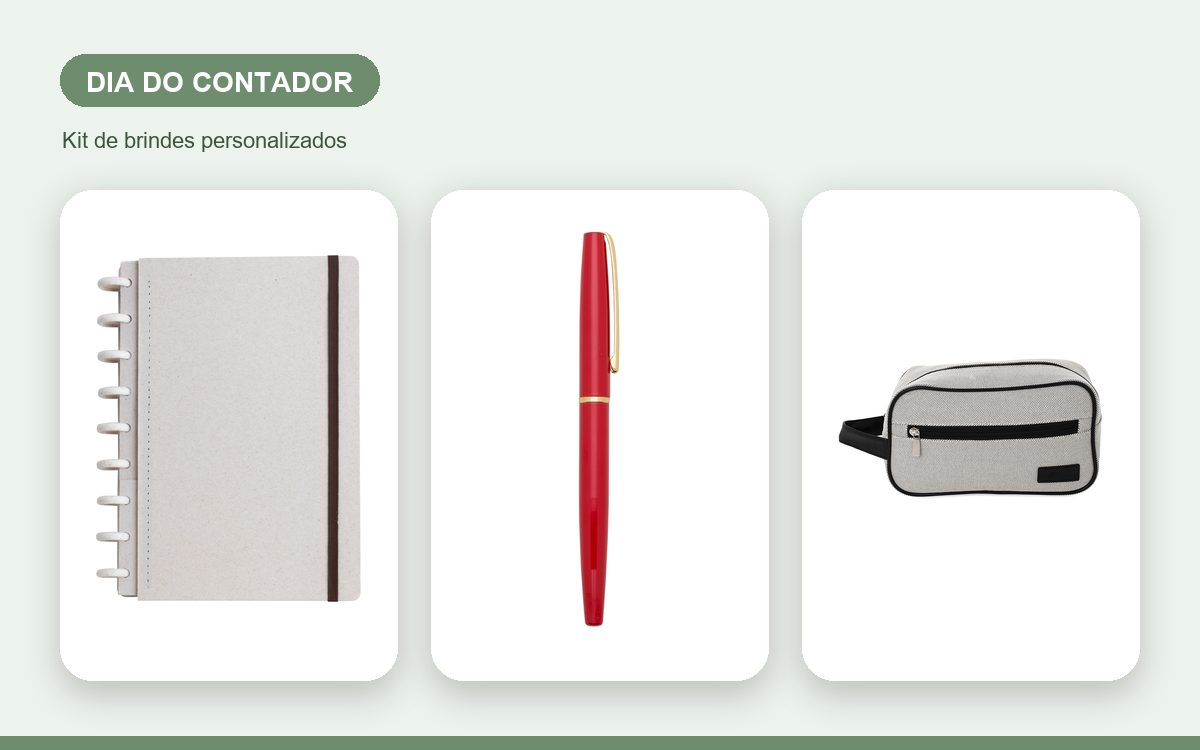 Kit de brindes personalizados — Ideias de brindes para o Dia do Contador com a marca da empresa